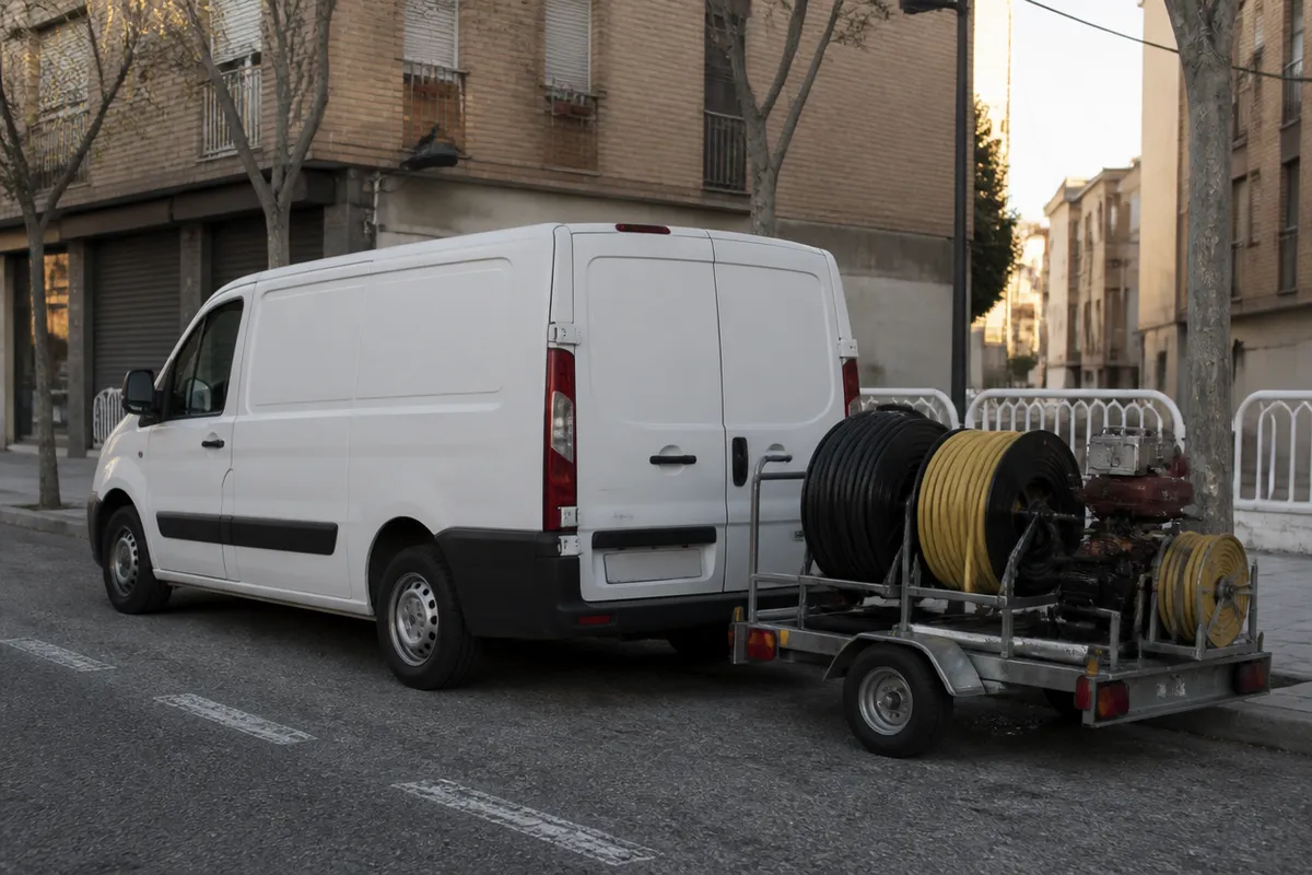 Unidad móvil de desatascos sin rotular aparcada en un barrio de Zaragoza