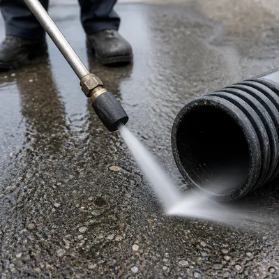 Boquilla de agua a presión limpiando el interior de una tubería de saneamiento en Zaragoza