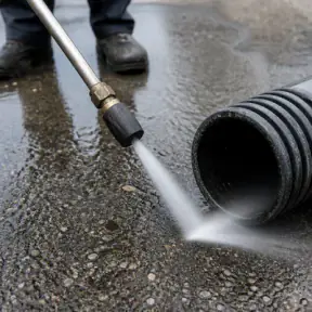 Boquilla de agua a presión limpiando el interior de una tubería de saneamiento en Zaragoza