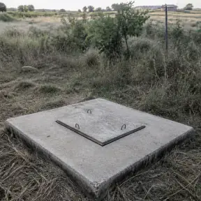 Tapa de fosa séptica en una parcela de las afueras de Zaragoza lista para vaciado